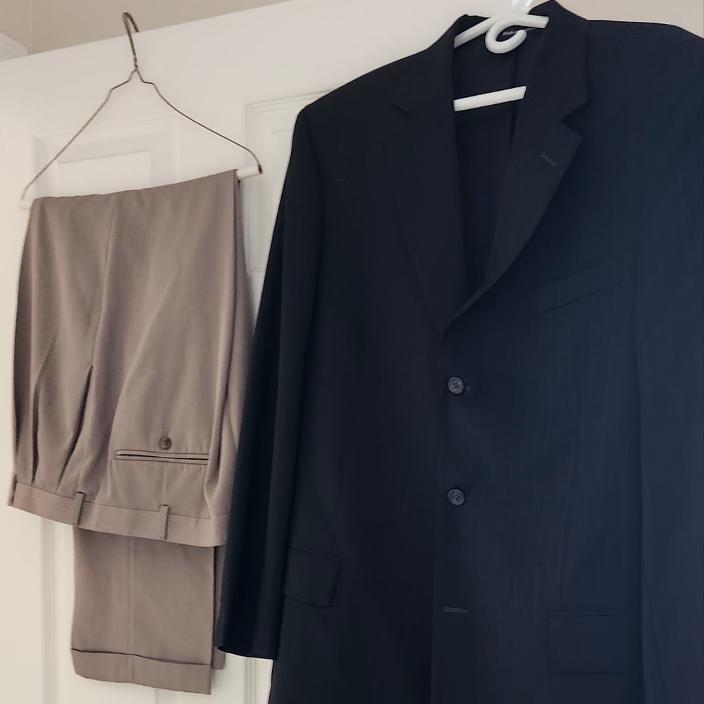 Black Sport Jacket with pale Blue Pinstripe    Men's Tan Pants by Perry Ellis
